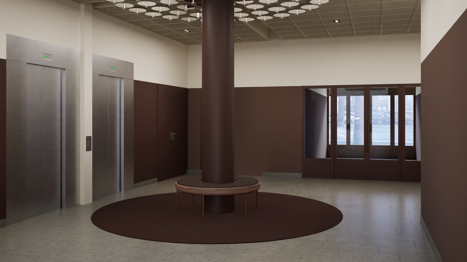 Entréhall med pelare och hisspartier – Connected Living Katarina Bangata 80